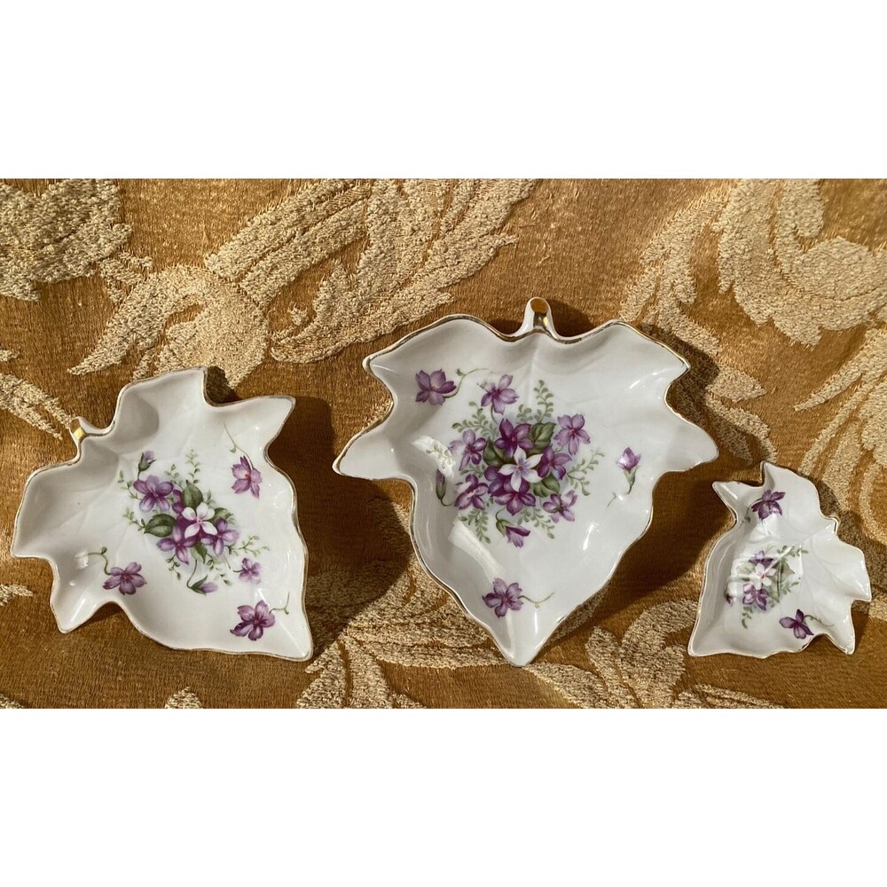 Vintage 1950s Lefton China Violet Floral Leaf Trinket Dishes Set of 3 Japan